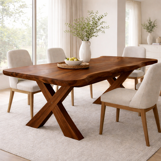 Solid Wood Live Edge Dining Table with X-Base Sculptural Legs