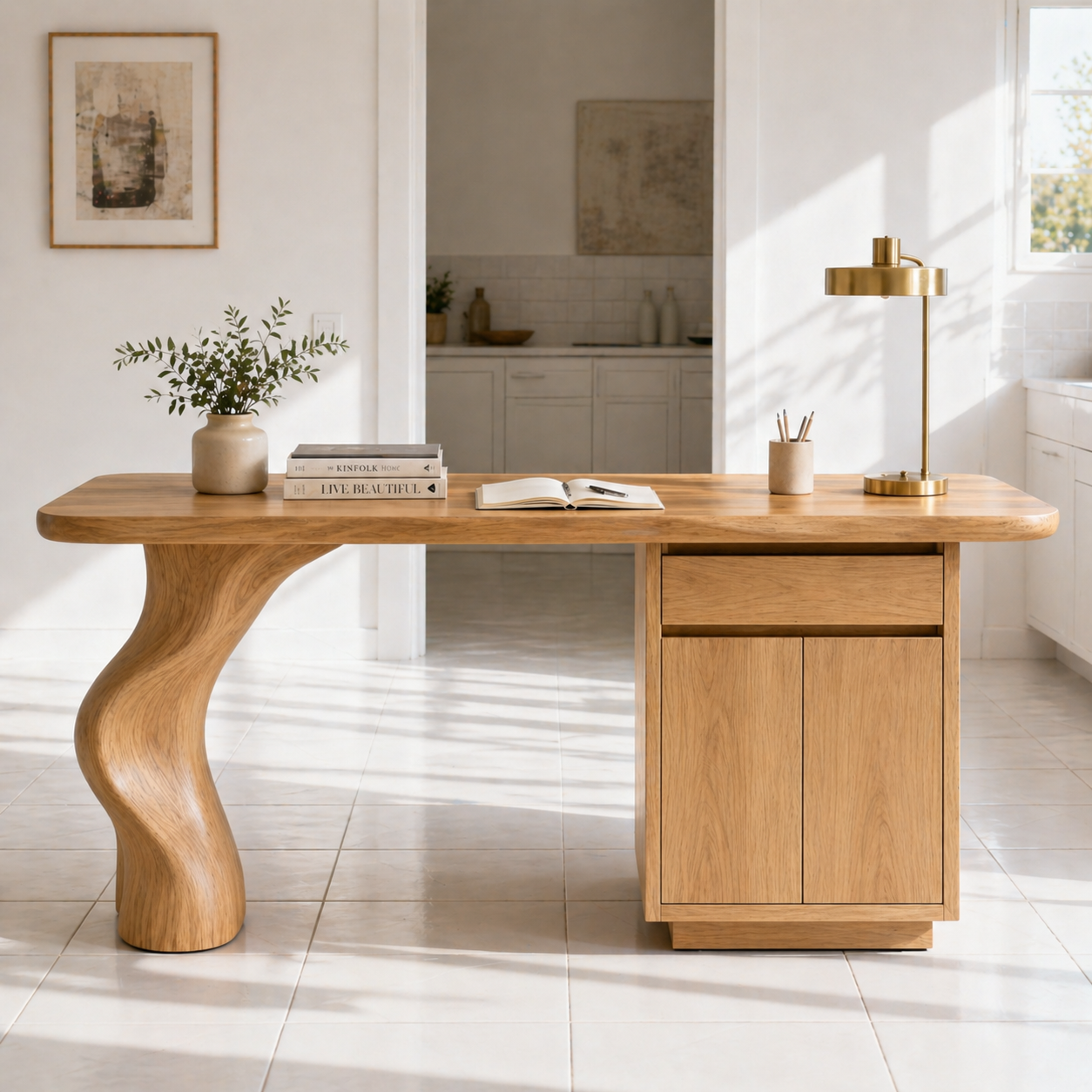 Solid Wood Writing Desk with Sculptural Curved Leg and Storage Cabinet
