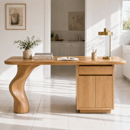 Solid Wood Writing Desk with Sculptural Curved Leg and Storage Cabinet