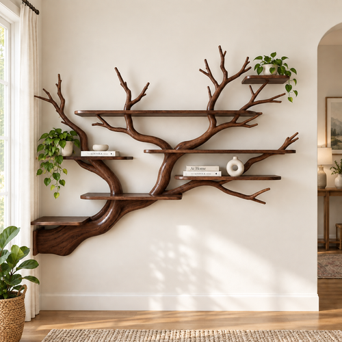 Handcrafted Organic Branch Wall Shelf Solid Wood Tree Bookshelf