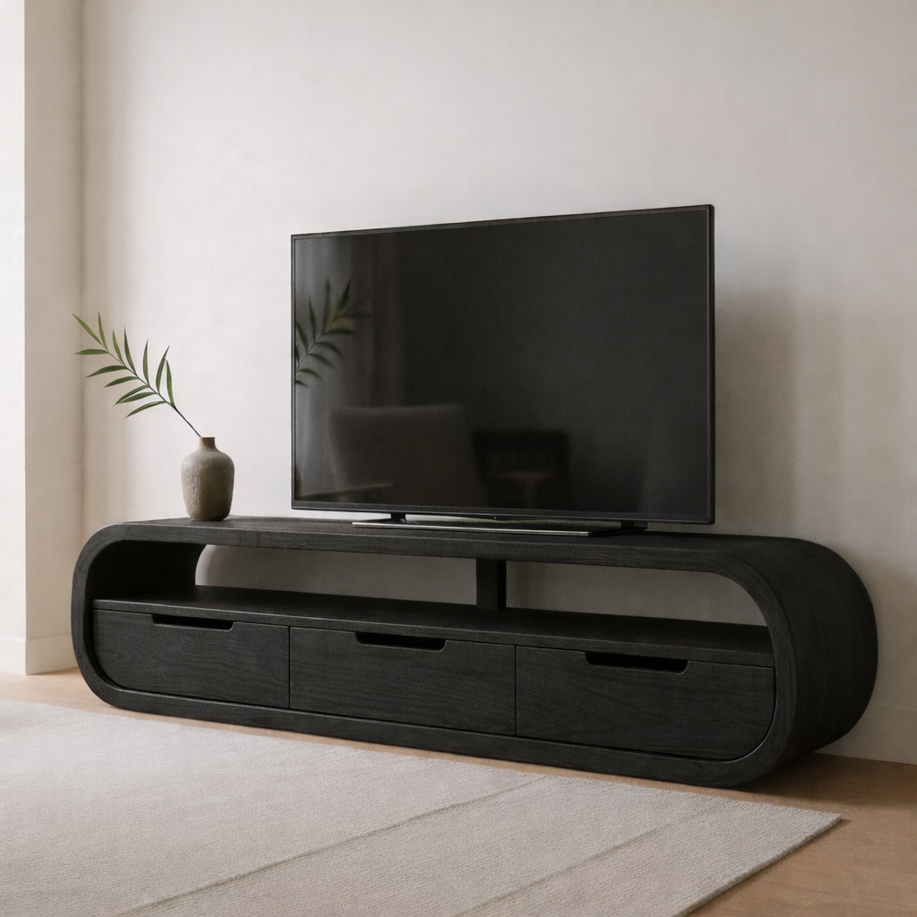 Modern Curved Solid Wood TV Stand with Drawer Storage