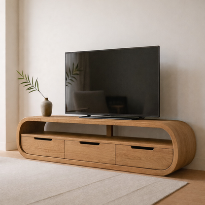 Modern Curved Solid Wood TV Stand with Drawer Storage