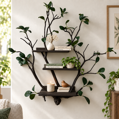 Handcrafted Solid Wood Branch Wall Bookshelf