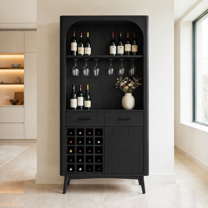 Solid Wood Wine Cabinet with Open Shelves, Glass Holder and Bottle Rack