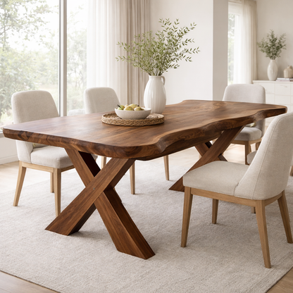 Solid Wood Live Edge Dining Table with X-Base Sculptural Legs