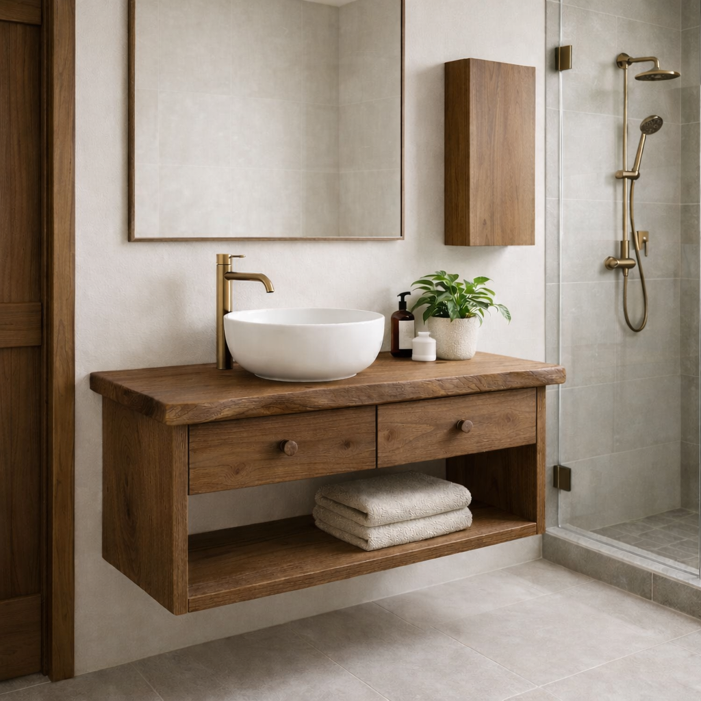 Floating Solid Wood Bathroom Vanity with Double Drawers – Wall Mounted Modern Design