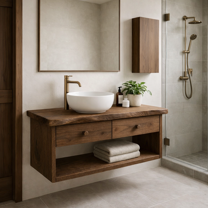 Floating Solid Wood Bathroom Vanity with Double Drawers – Wall Mounted Modern Design