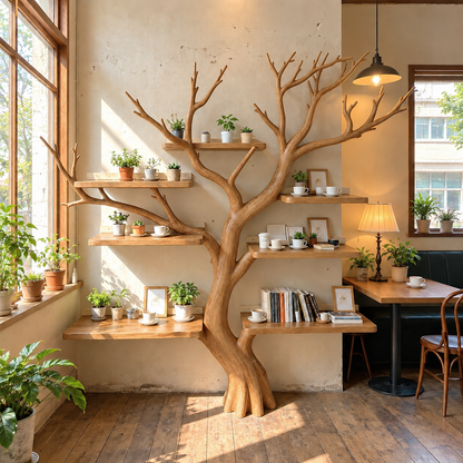 Handcrafted Solid Wood Tree Bookshelf with Spreading Branch Shelves