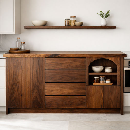 Solid Walnut Kitchen Island with Drawers, Doors & Arched Open Shelf
