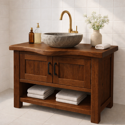 Solid Wood Bathroom Vanity with Double Cabinet Doors and Open Shelf for Organic Modern Bathrooms