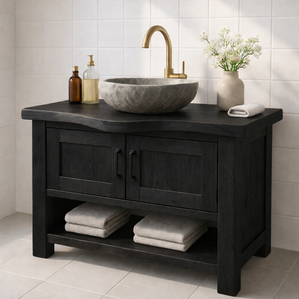 Solid Wood Bathroom Vanity with Double Cabinet Doors and Open Shelf for Organic Modern Bathrooms