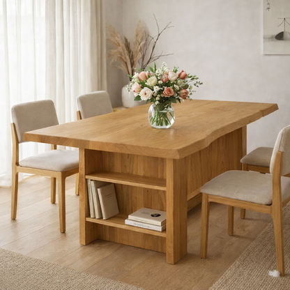 Solid Wood Live Edge Dining Table with Built-In Shelf Storage