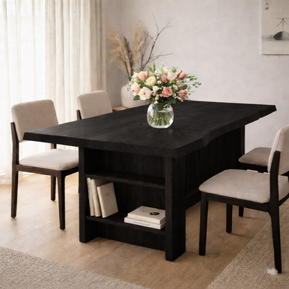 Solid Wood Live Edge Dining Table with Built-In Shelf Storage