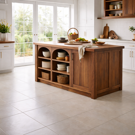 Solid Wood Kitchen Island with Arched Open Shelves – Walnut Farmhouse Storage Table
