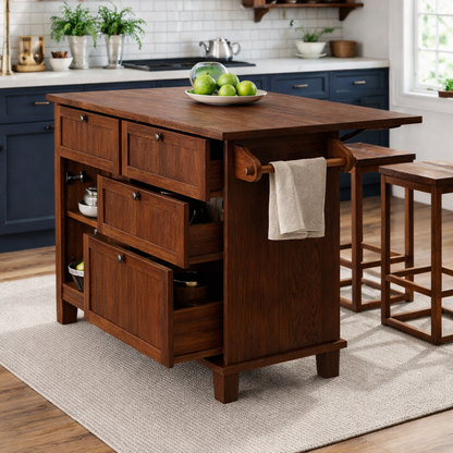 Solid Wood Kitchen Island with Drawers & Towel Rack – Kitchen Storage Island, Rustic Prep Table with Cabinets