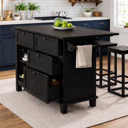 Solid Wood Kitchen Island with Drawers & Towel Rack – Kitchen Storage Island, Rustic Prep Table with Cabinets