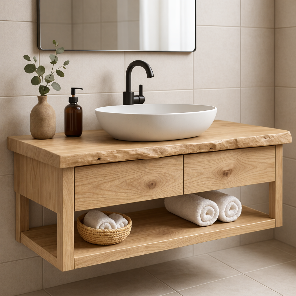 Rustic Solid Wood Floating Bathroom Vanity with Open Shelf Storage