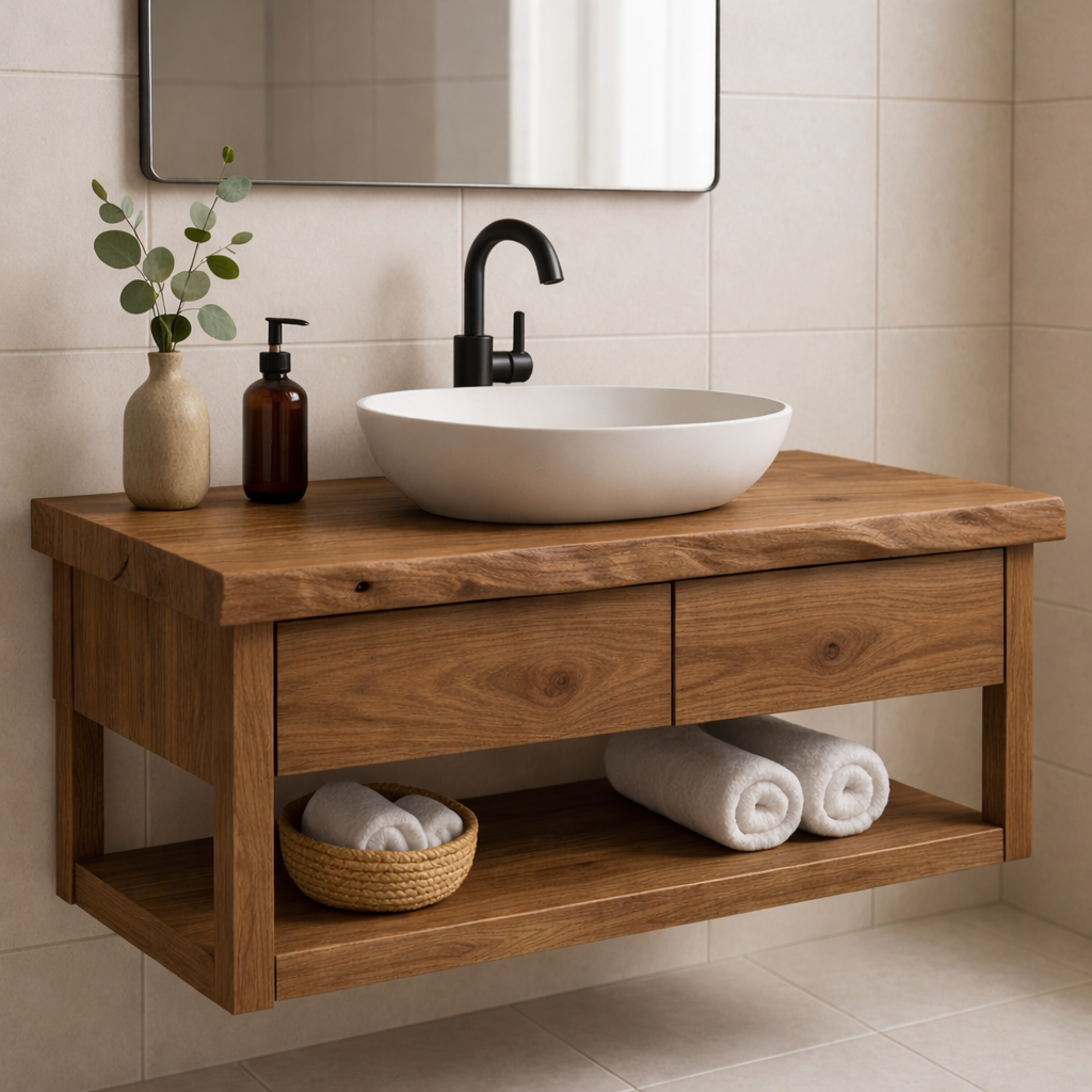 Rustic Solid Wood Floating Bathroom Vanity with Open Shelf Storage