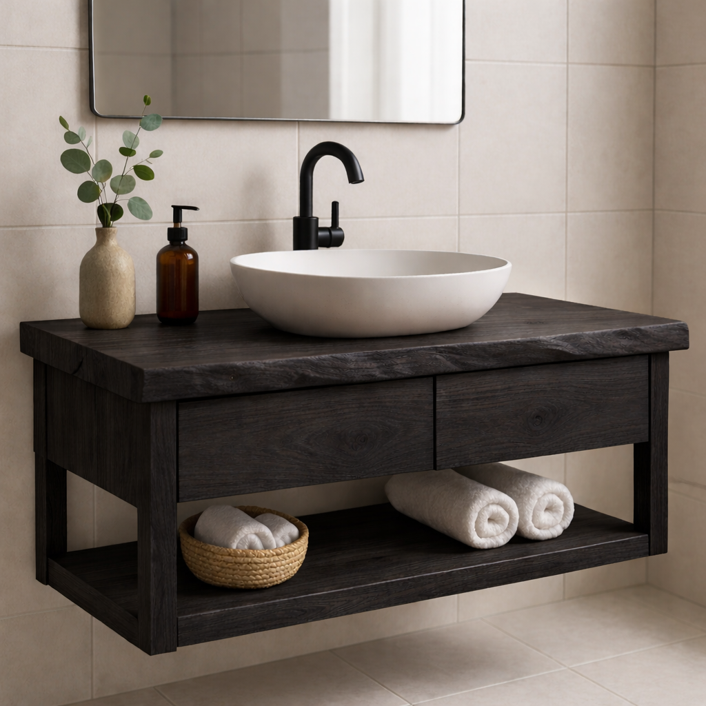 Rustic Solid Wood Floating Bathroom Vanity with Open Shelf Storage