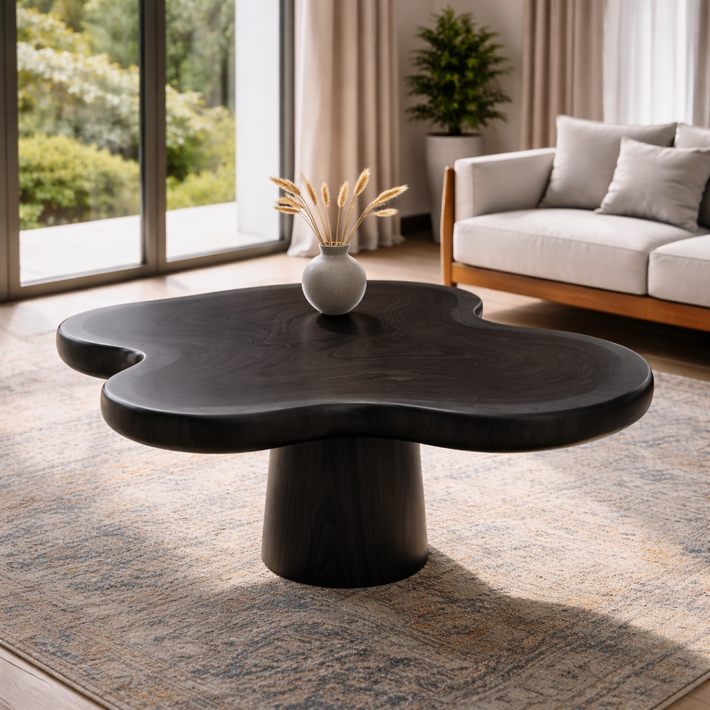 Organic Shape Solid Wood Coffee Table with Sculpted Pedestal Base