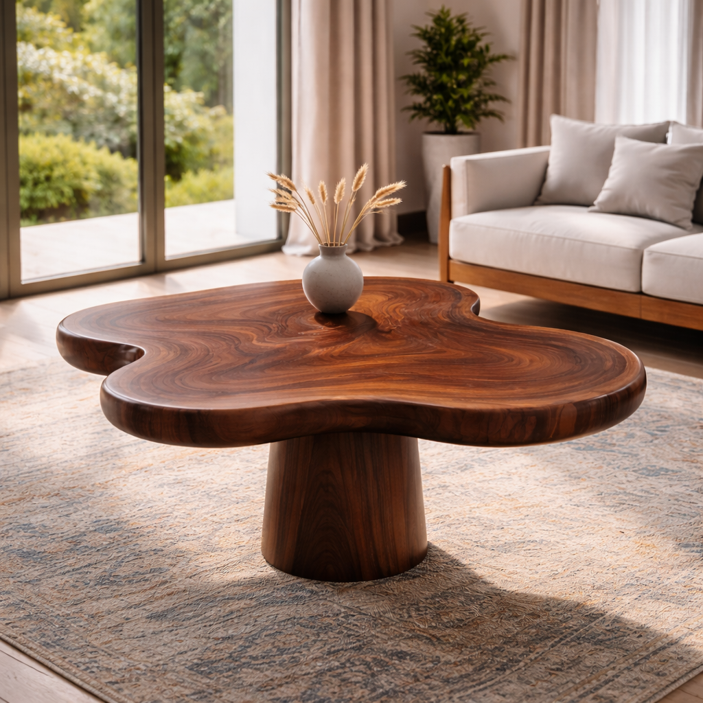 Organic Shape Solid Wood Coffee Table with Sculpted Pedestal Base