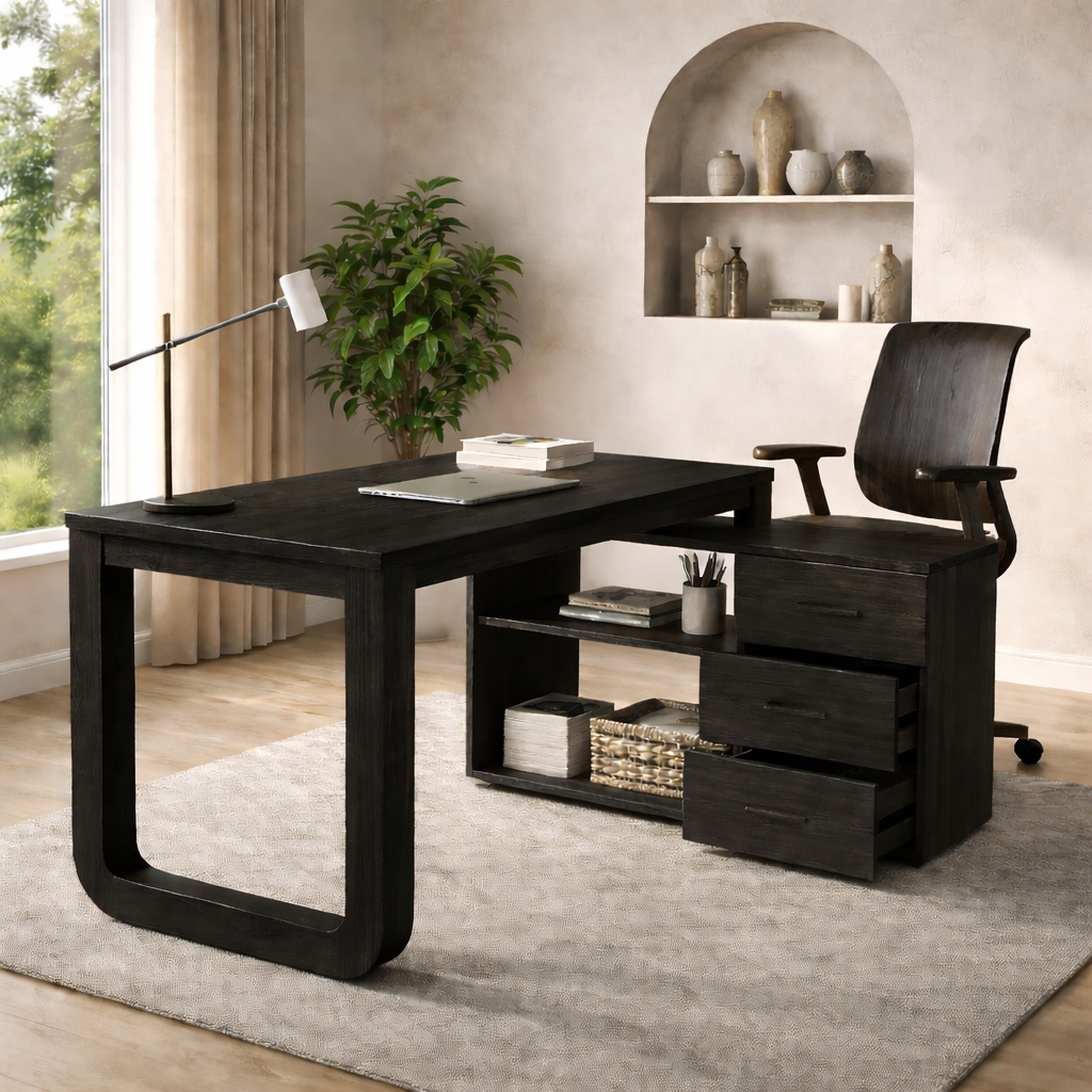 Solid Wood Desk with Storage Drawers – Modern Home Office Table with Side Cabinet