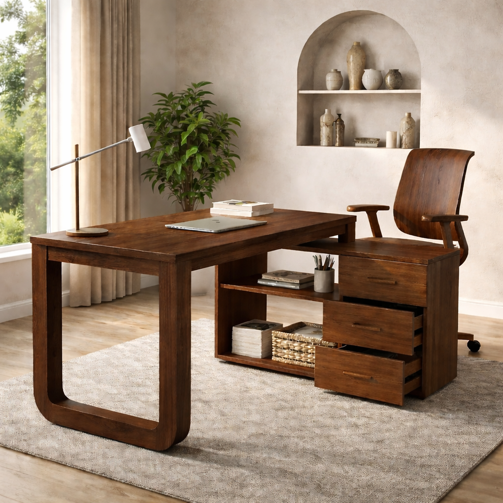 Solid Wood Desk with Storage Drawers – Modern Home Office Table with Side Cabinet