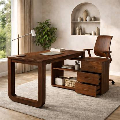 Solid Wood Desk with Storage Drawers – Modern Home Office Table with Side Cabinet
