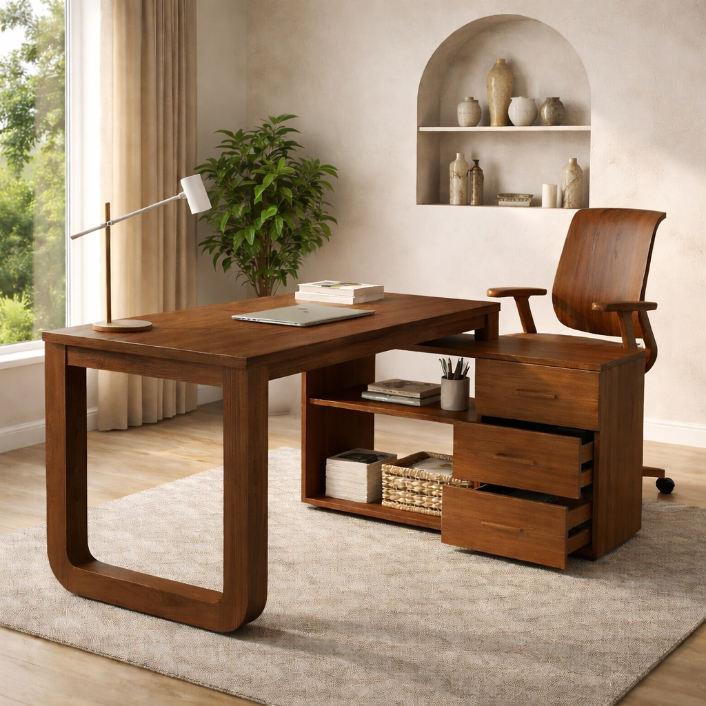 Solid Wood Desk with Storage Drawers – Modern Home Office Table with Side Cabinet