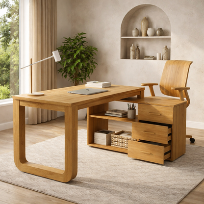 Solid Wood Desk with Storage Drawers – Modern Home Office Table with Side Cabinet