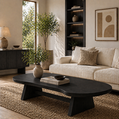 Solid Wood Coffee Table with Organic Oval Top and Angled Base