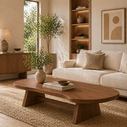 Solid Wood Coffee Table with Organic Oval Top and Angled Base