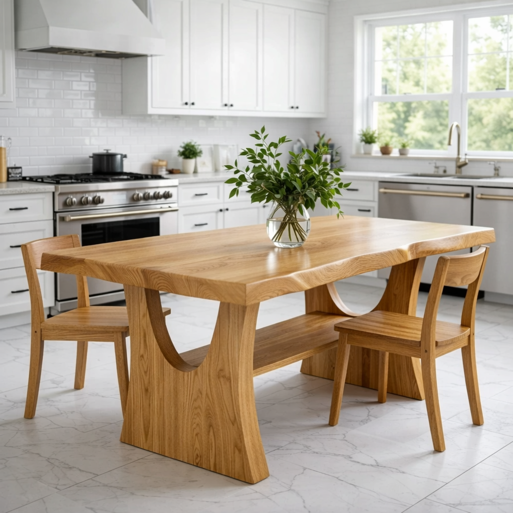 Solid Wood Dining Table with Sculptural Curved Base – Modern Oak Kitchen Table