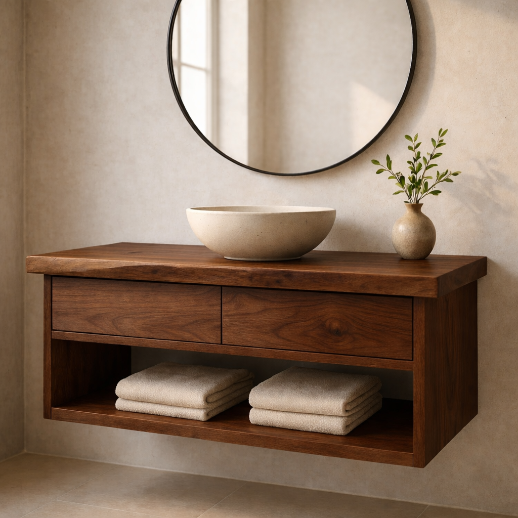 Modern Solid Wood Floating Bathroom Vanity with Live Edge Countertop and Open Shelf Storage