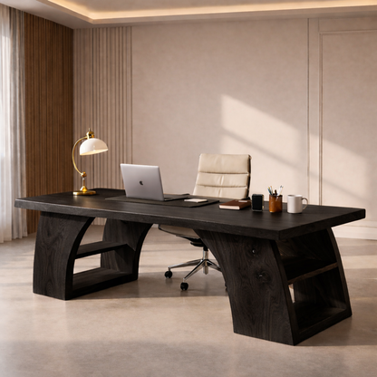 Solid Wood Executive Desk with Sculptural Base and Open Shelf Storage