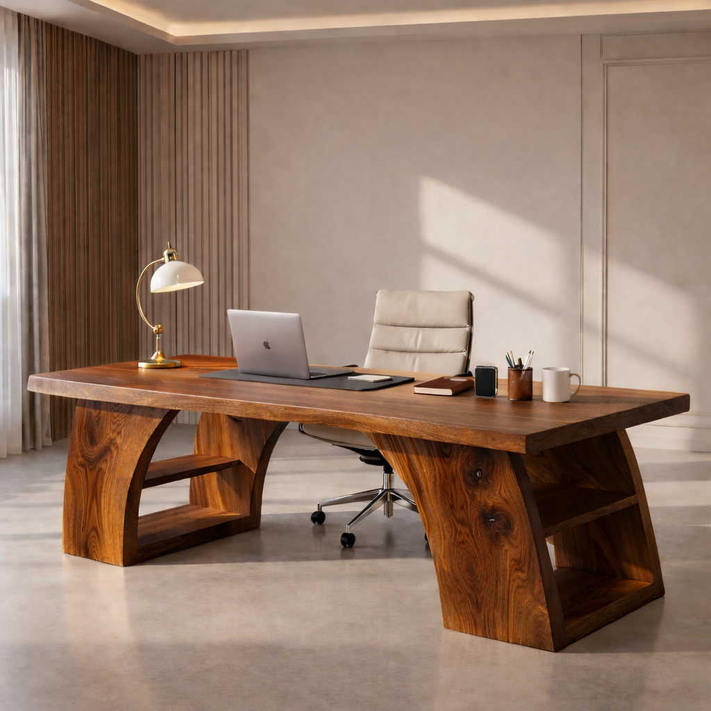 Solid Wood Executive Desk with Sculptural Base and Open Shelf Storage