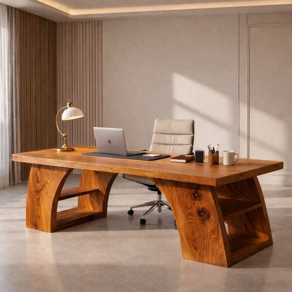 Solid Wood Executive Desk with Sculptural Base and Open Shelf Storage