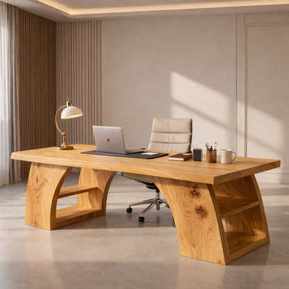 Solid Wood Executive Desk with Sculptural Base and Open Shelf Storage