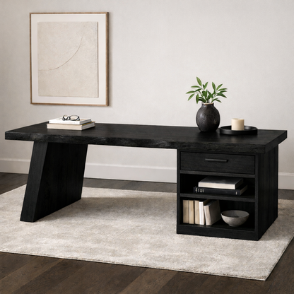 Solid Wood Desk with Drawer and Open Shelf Storage – Modern Rustic Design