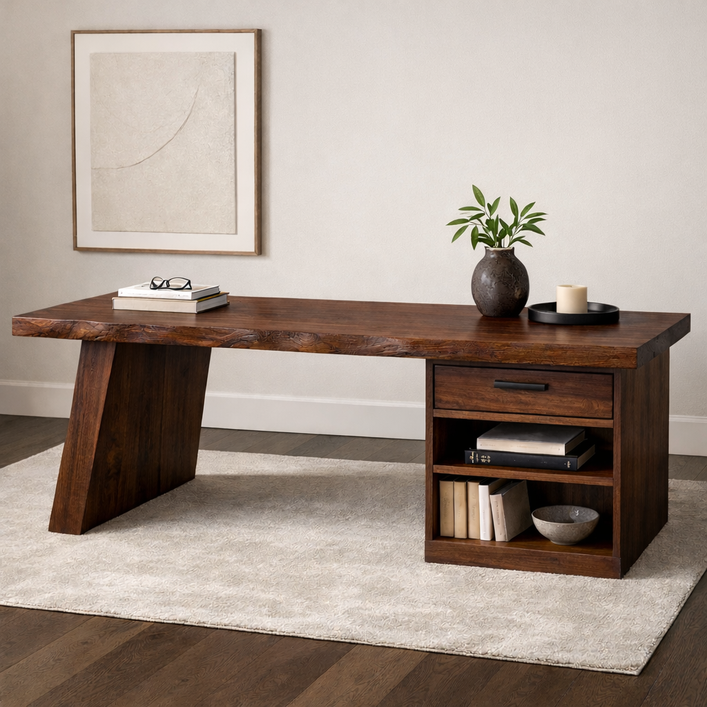 Solid Wood Desk with Drawer and Open Shelf Storage – Modern Rustic Design