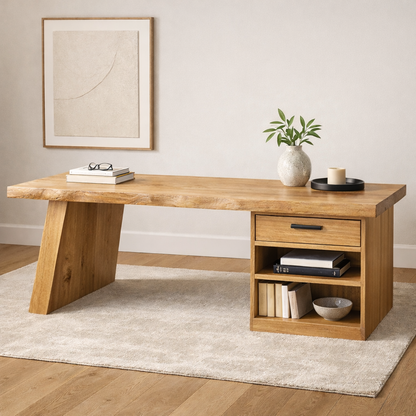 Solid Wood Desk with Drawer and Open Shelf Storage – Modern Rustic Design