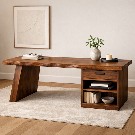 Solid Wood Desk with Drawer and Open Shelf Storage – Modern Rustic Design