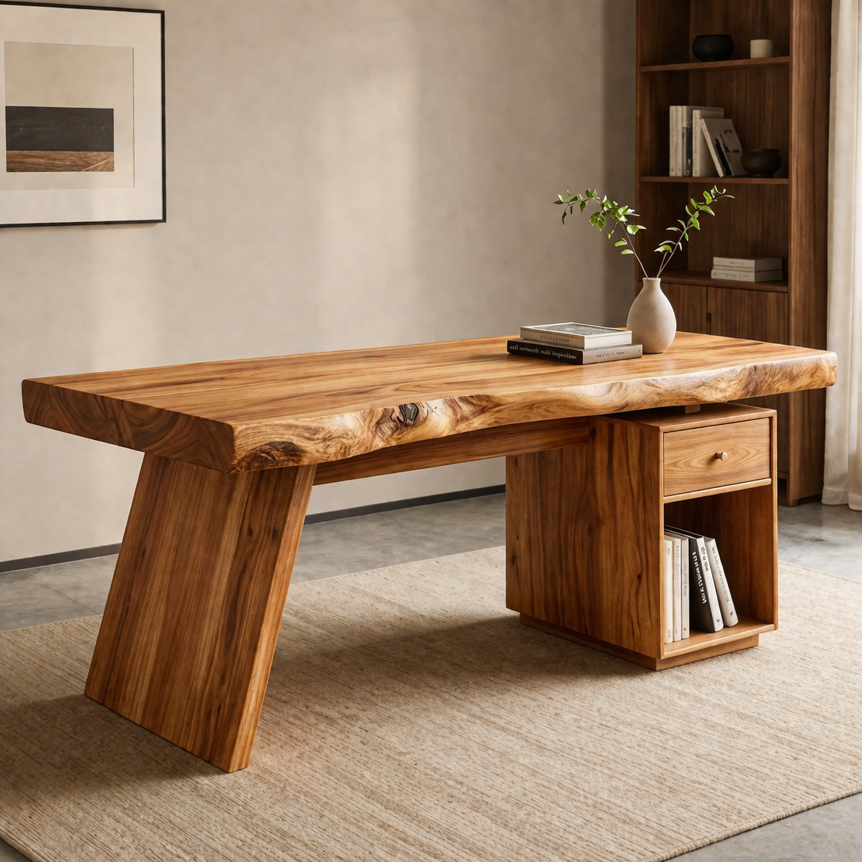 Solid Wood Live Edge Desk with Drawer Storage – Rustic Modern Office Table
