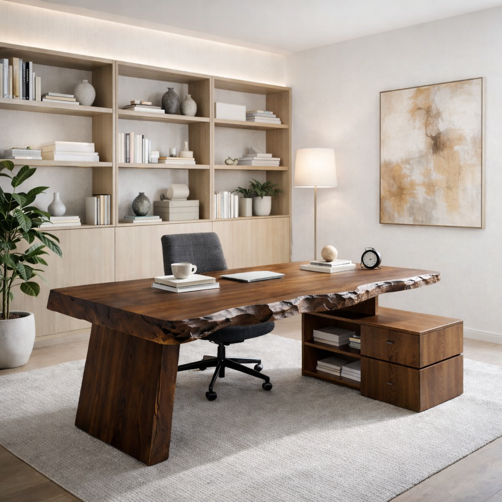Solid Wood Live Edge Desk with Storage Cabinet – Rustic Modern Executive Office Desk