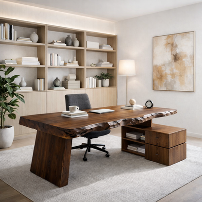 Solid Wood Live Edge Desk with Storage Cabinet – Rustic Modern Executive Office Desk