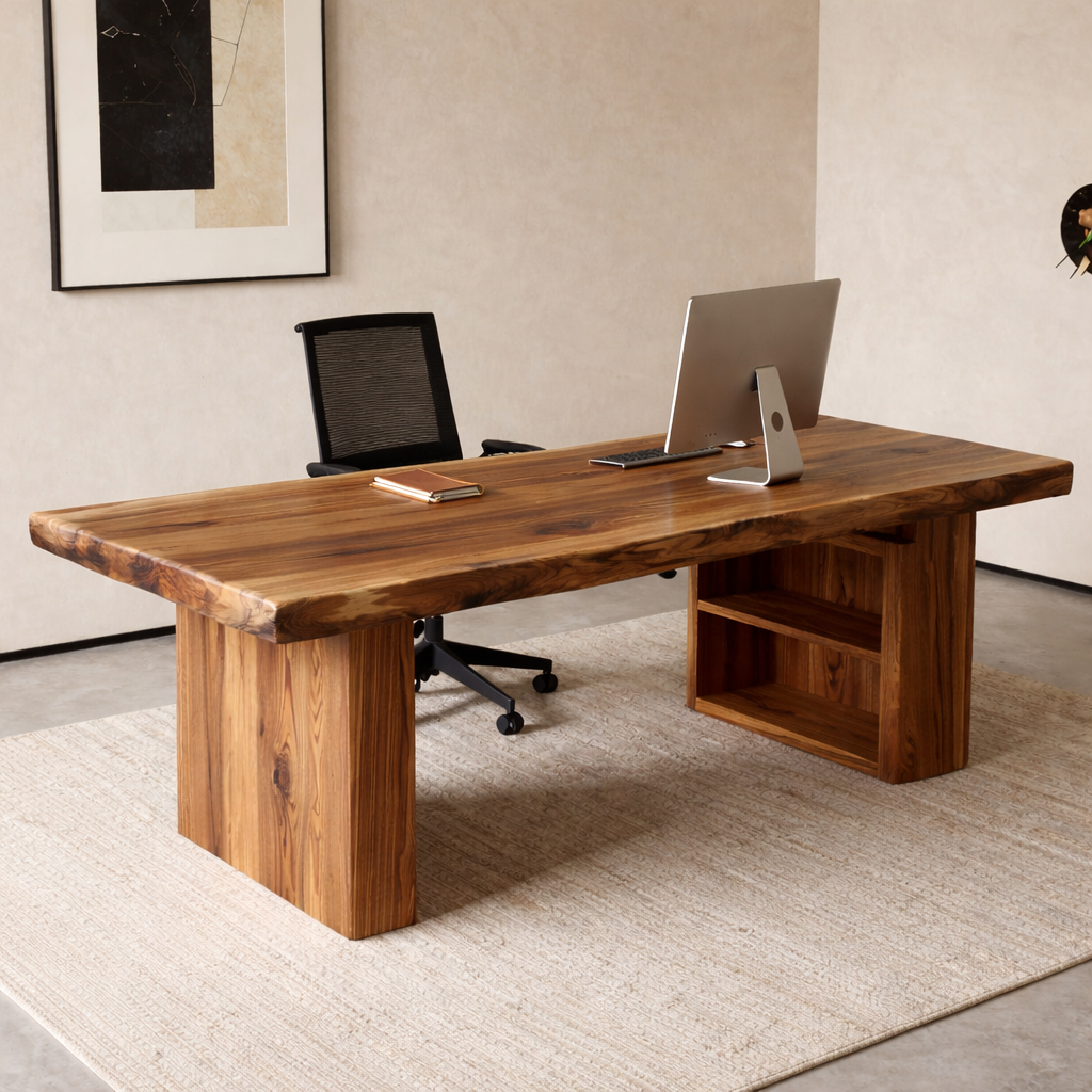 Solid Walnut Desk with Storage Shelf – Modern Minimalist Executive Office Table