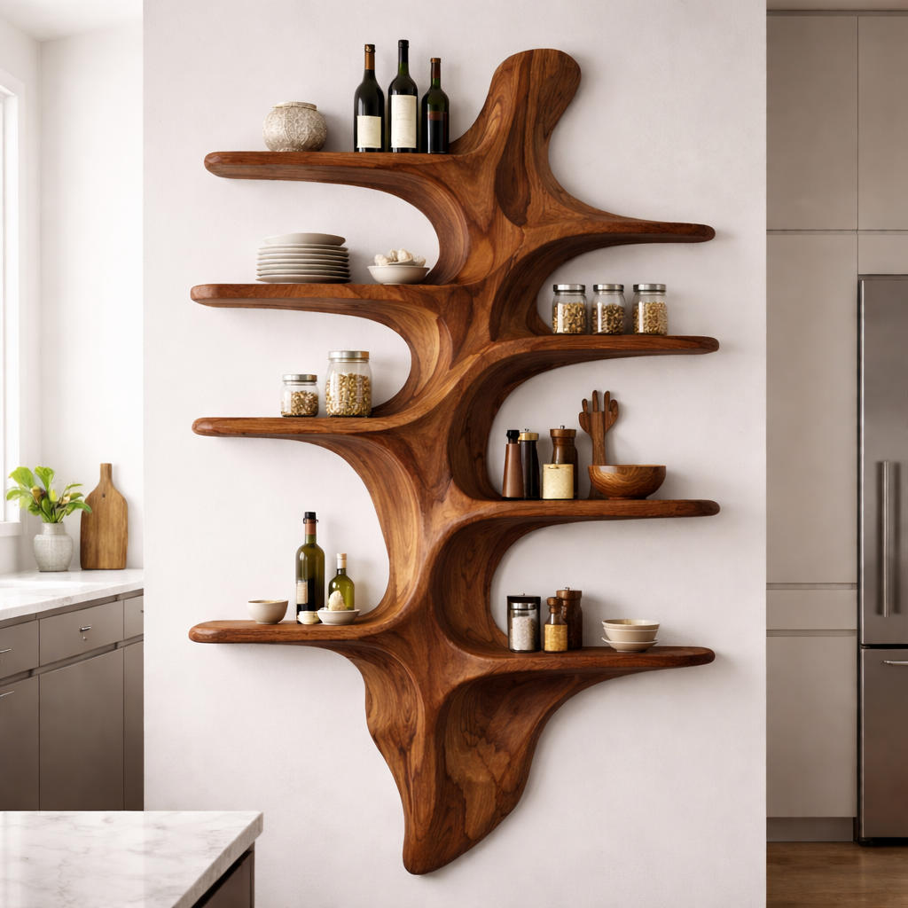 Sculptural Solid Wood Wall Shelf Kitchen Cabinet – Organic Live Edge Floating Storage