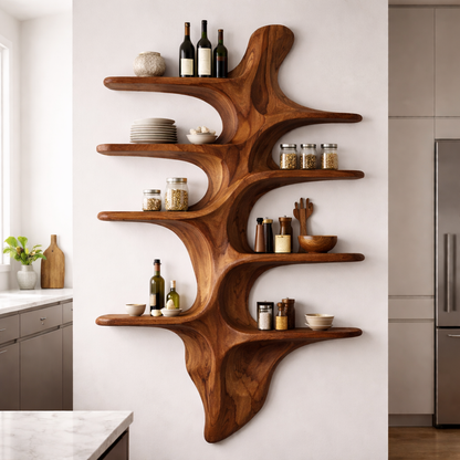 Sculptural Solid Wood Wall Shelf Kitchen Cabinet – Organic Live Edge Floating Storage
