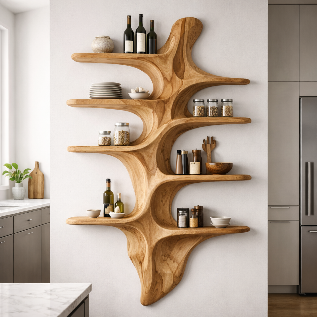 Sculptural Solid Wood Wall Shelf Kitchen Cabinet – Organic Live Edge Floating Storage