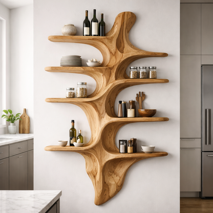Sculptural Solid Wood Wall Shelf Kitchen Cabinet – Organic Live Edge Floating Storage
